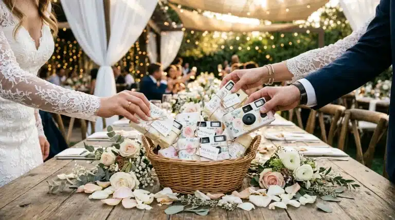 Mariés distribuant des caméras jetables à leurs invités