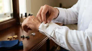 Homme en chemise blanche ajuste bouton manchette