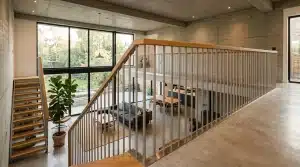 Mezzanine contemporaine avec rampe métallique et vue sur séjour