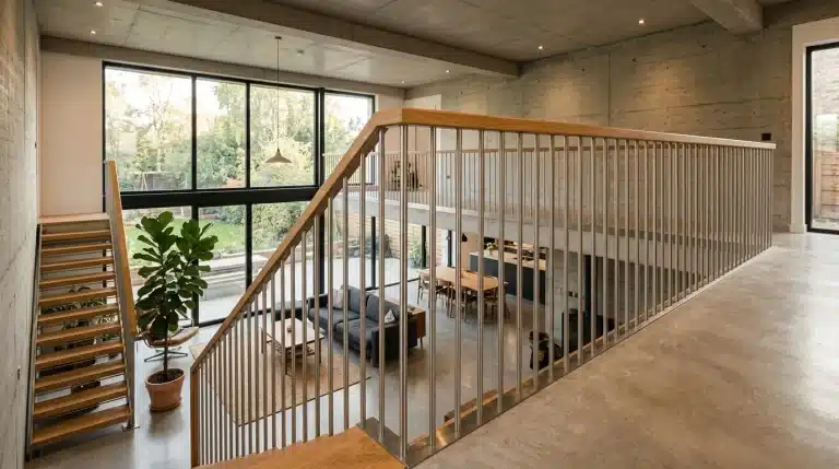 Mezzanine contemporaine avec rampe métallique et vue sur séjour