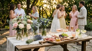 Table décorée fleurs, invités célébrent en arrière-plan jardin
