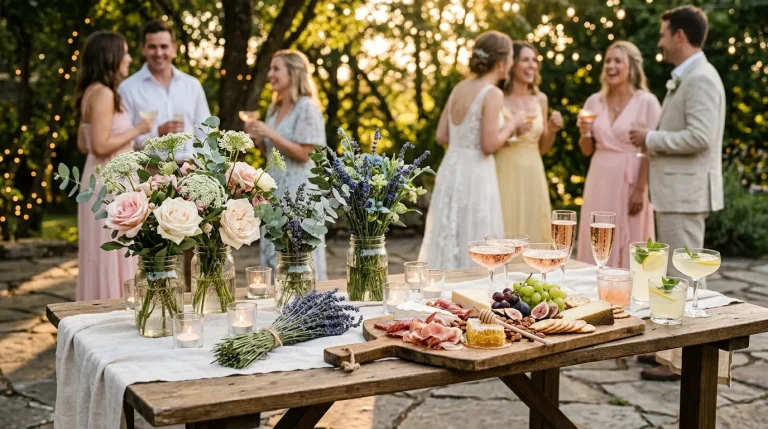 Table décorée fleurs, invités célébrent en arrière-plan jardin
