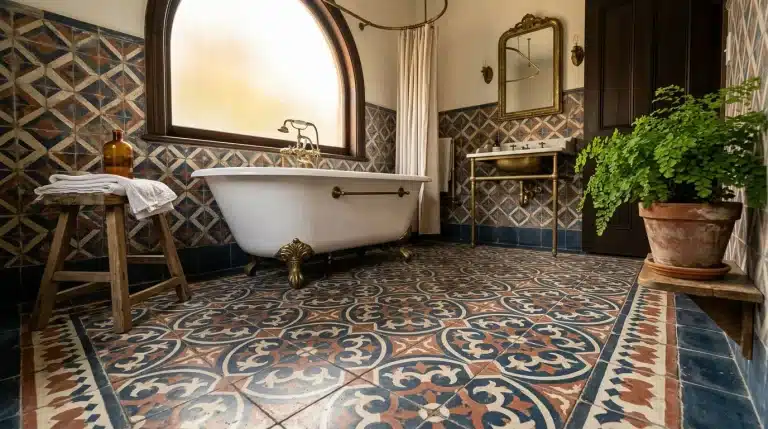 Salle de bain élégante avec baignoire blanche et carrelage ornemental
