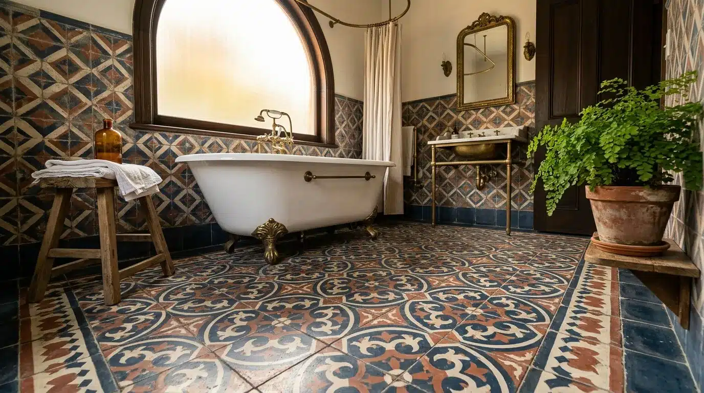 Salle de bain élégante avec baignoire blanche et carrelage ornemental