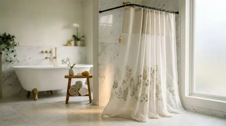 Salle de bain moderne avec baignoire et rideau à motifs botaniques