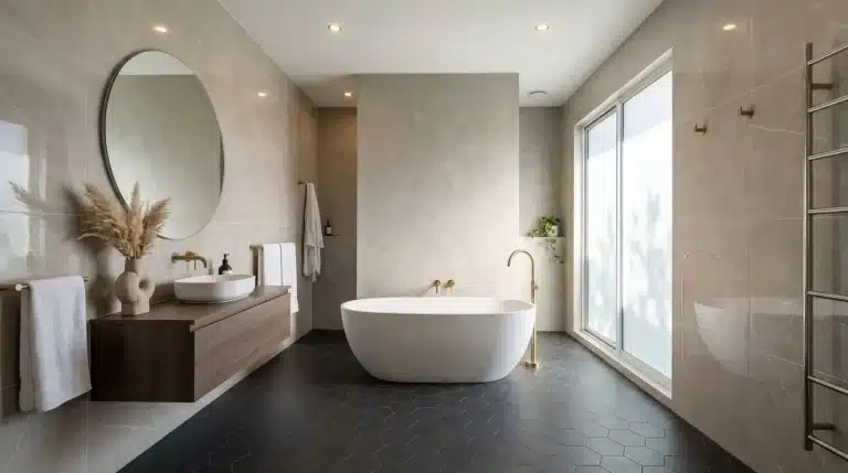 Salle de bain luxueuse avec baignoire blanche et finitions dorées