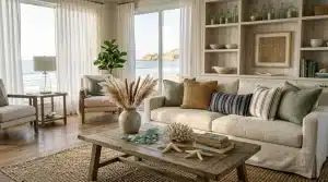 Salon moderne côtier blanc et beige avec vue panoramique sur océan