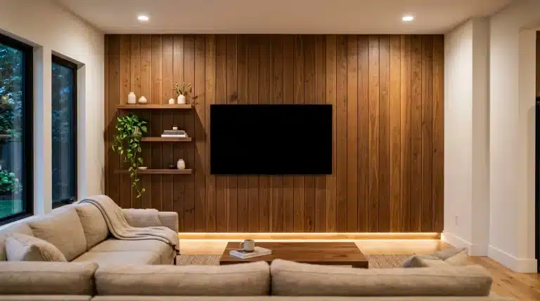 Salon contemporain avec paneling bois, TV murale et canapé beige