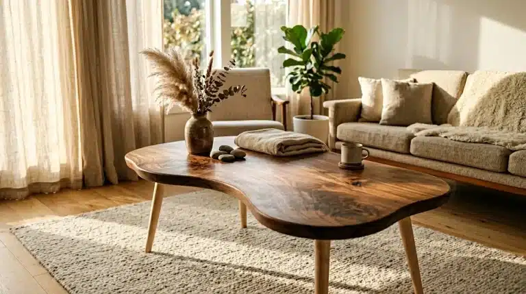Salon lumineux avec table bois, canapé beige et plantes vertes