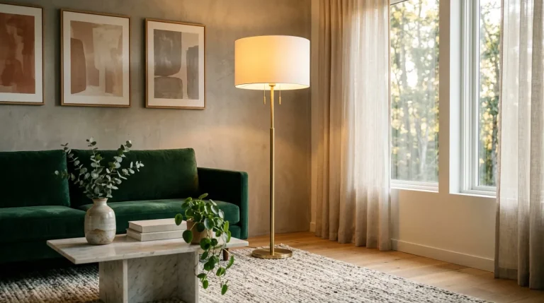 Salon avec canapé vert, lampadaire doré et grandes fenêtres