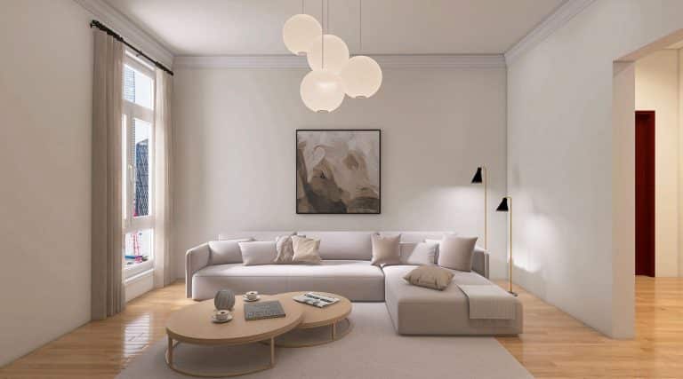 Carrelage 90x90 grès cérame dans salon contemporain lumineux