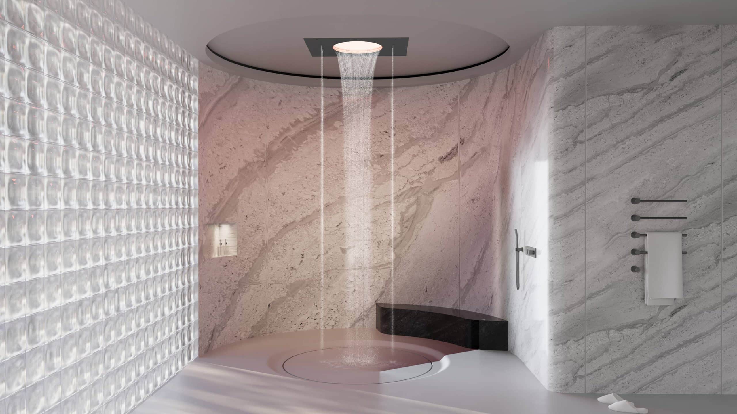 Ciel de pluie encastré dans une salle de bain moderne et élégante